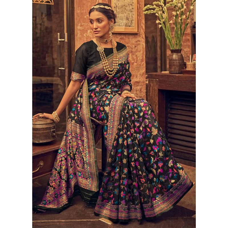 Black Banarasi Silk Saree With Blouse Piece - JD986600617