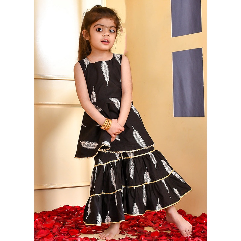 Black Cotton Block Print Ghagra Set - JD986600561