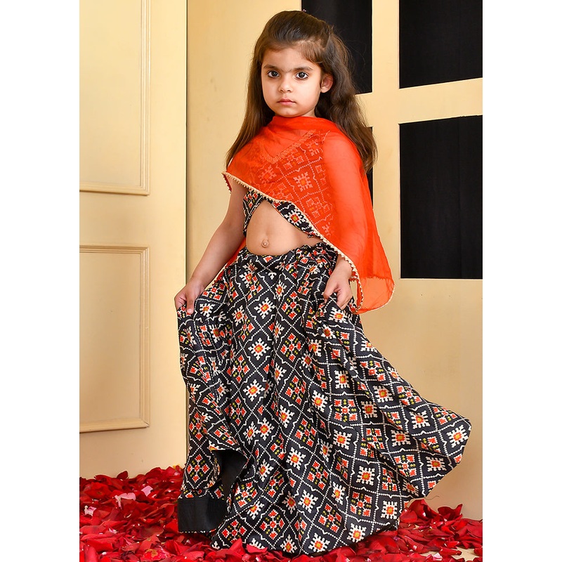 Black Cotton Block Print Lehenga Set - JD986600562