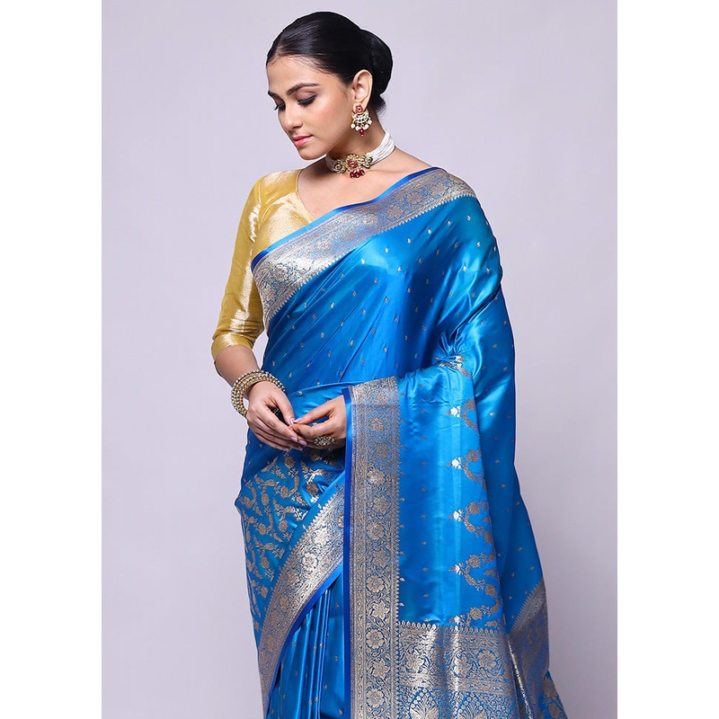 Blue Banarasi Silk Saree With Blouse Piece - JD986600459