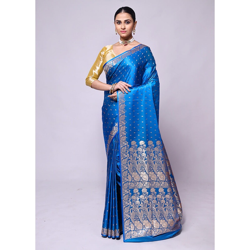 Blue Banarasi Silk Saree With Blouse Piece - JD986600460