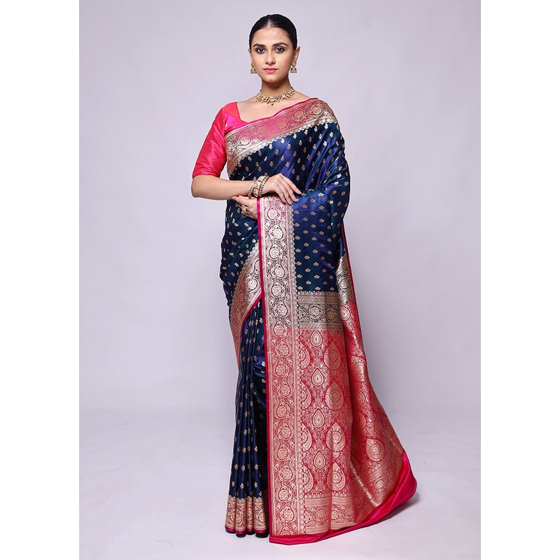 Blue Banarasi Silk Saree With Blouse Piece - JD986600461