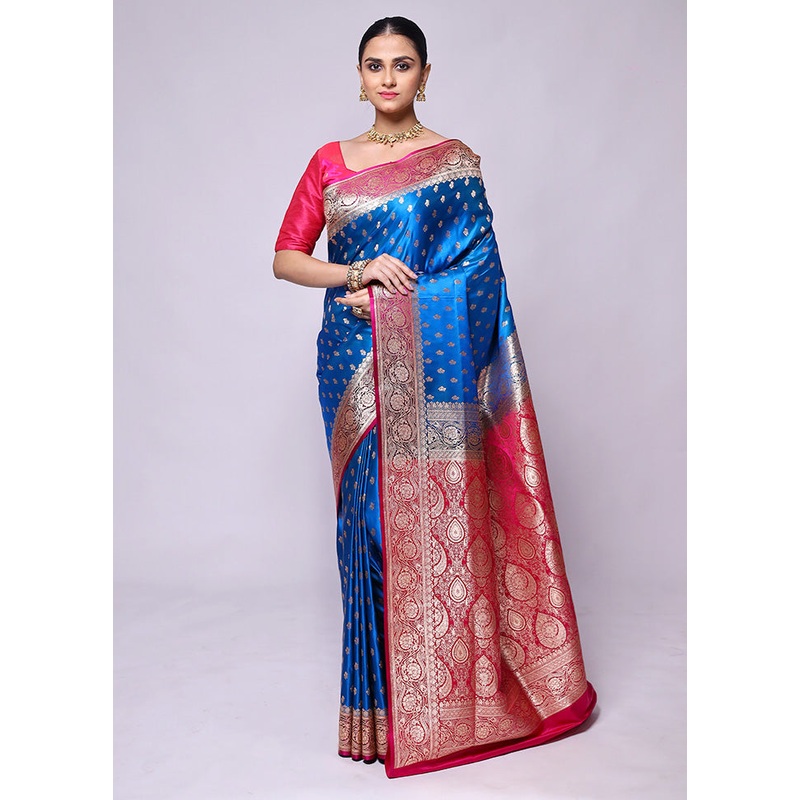 Blue Banarasi Silk Saree With Blouse Piece - JD986600462