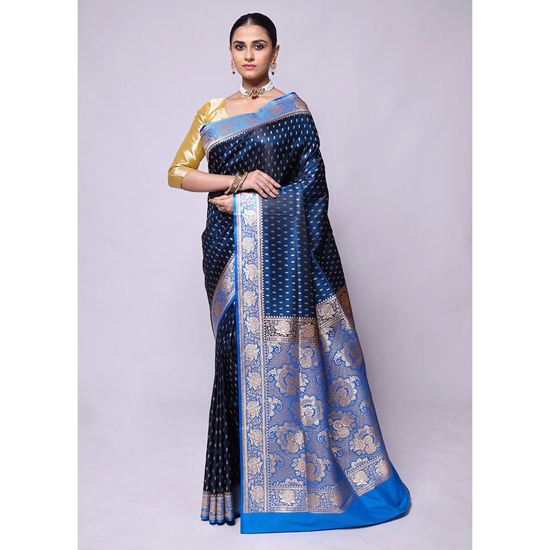 Blue Banarasi Silk Saree With Blouse Piece - JD986600463