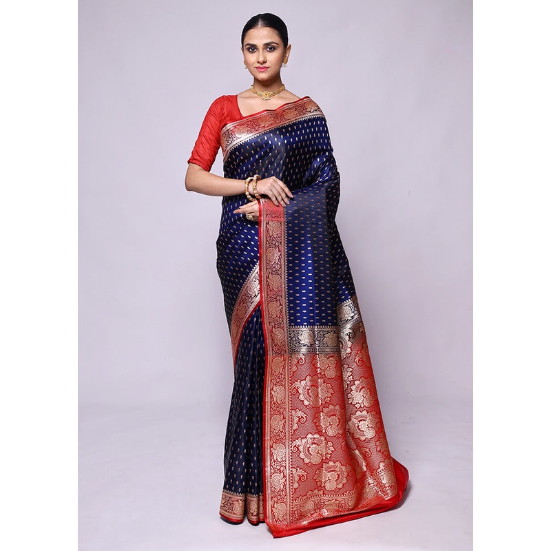 Blue Banarasi Silk Saree With Blouse Piece - JD986600464