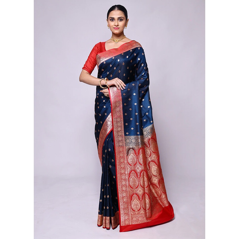Blue Banarasi Silk Saree With Blouse Piece - JD986600465