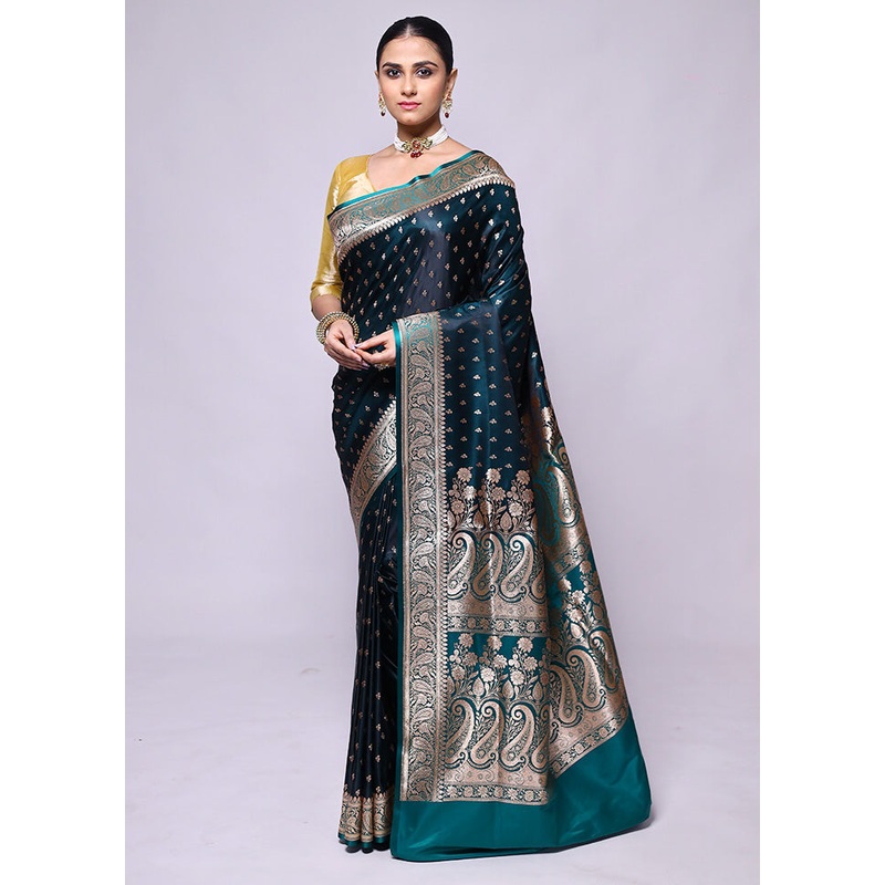 Blue Banarasi Silk Saree With Blouse Piece - JD986600466