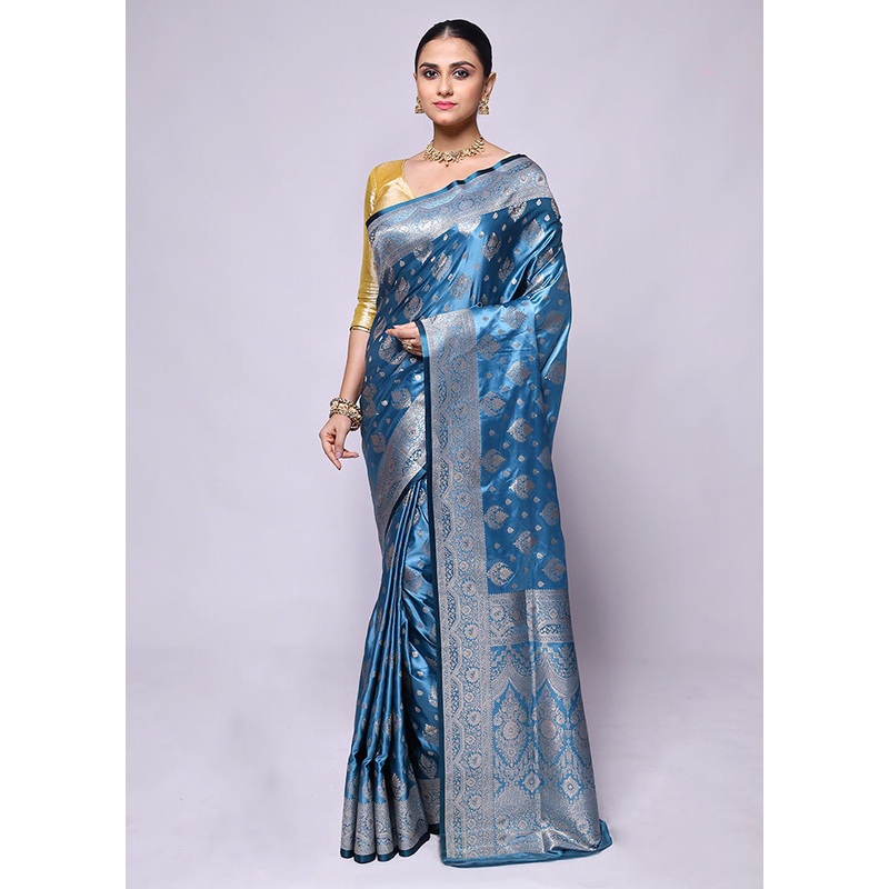 Blue Banarasi Silk Saree With Blouse Piece - JD986600467