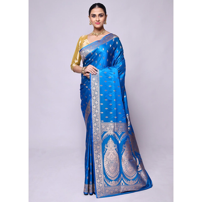 Blue Banarasi Silk Saree With Blouse Piece - JD986600468
