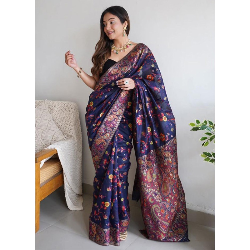 Blue Banarasi Silk Saree With Blouse Piece - JD986600613