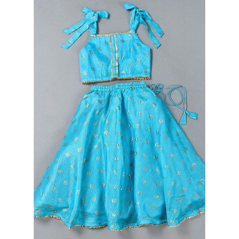 Blue Cotton Gota Work Skirt Top - JD986600537