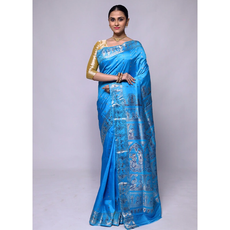 Blue Handloom Baluchari Pure Silk Saree With Blouse Piece - JD986600458