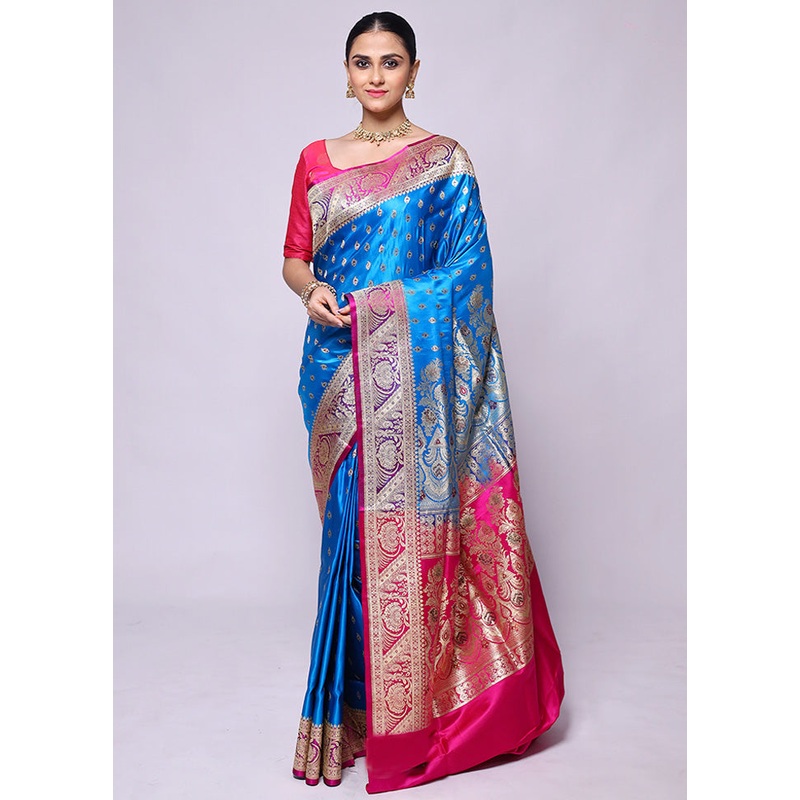 Blue Handloom Banarasi Pure Silk Saree With Blouse Piece - JD986600457