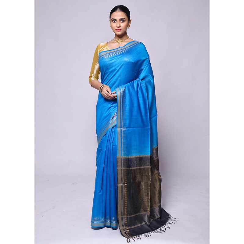 Blue Handloom Tussar Pure Silk Saree With Blouse Piece - JD986600456