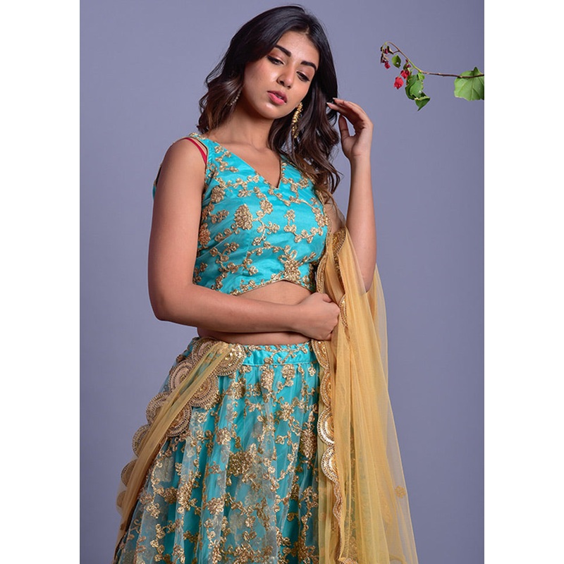 Blue Readymade Net Lehenga Set With Dupatta - JD986600476
