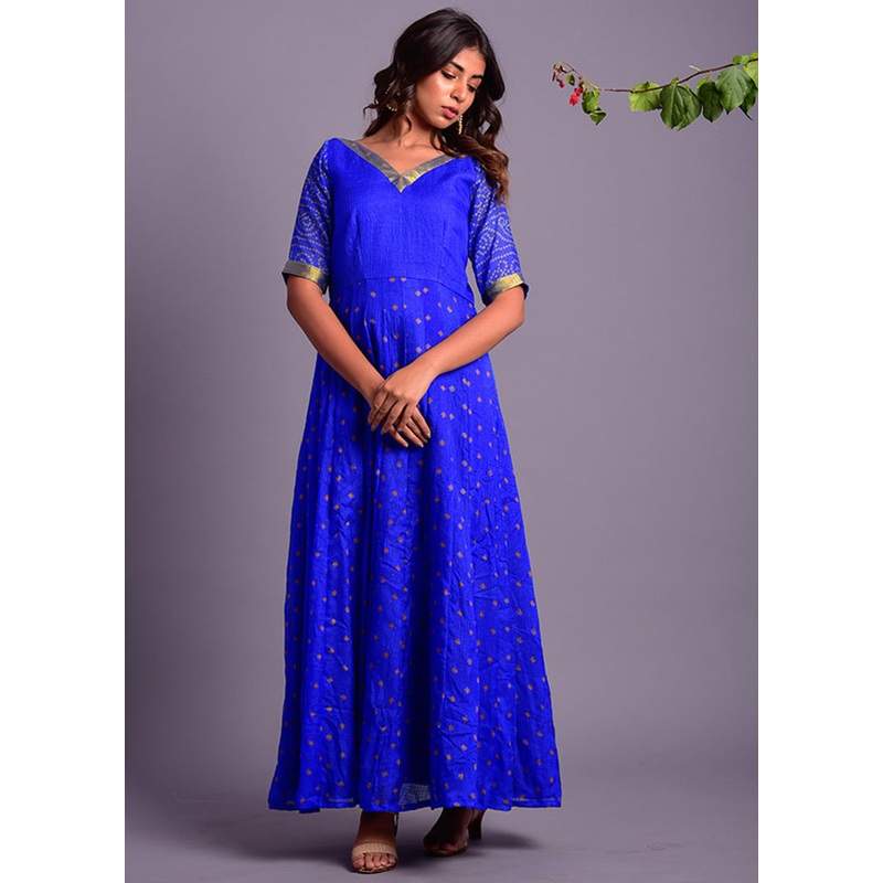 Blue Readymade Silk Long Dress - JD986600532