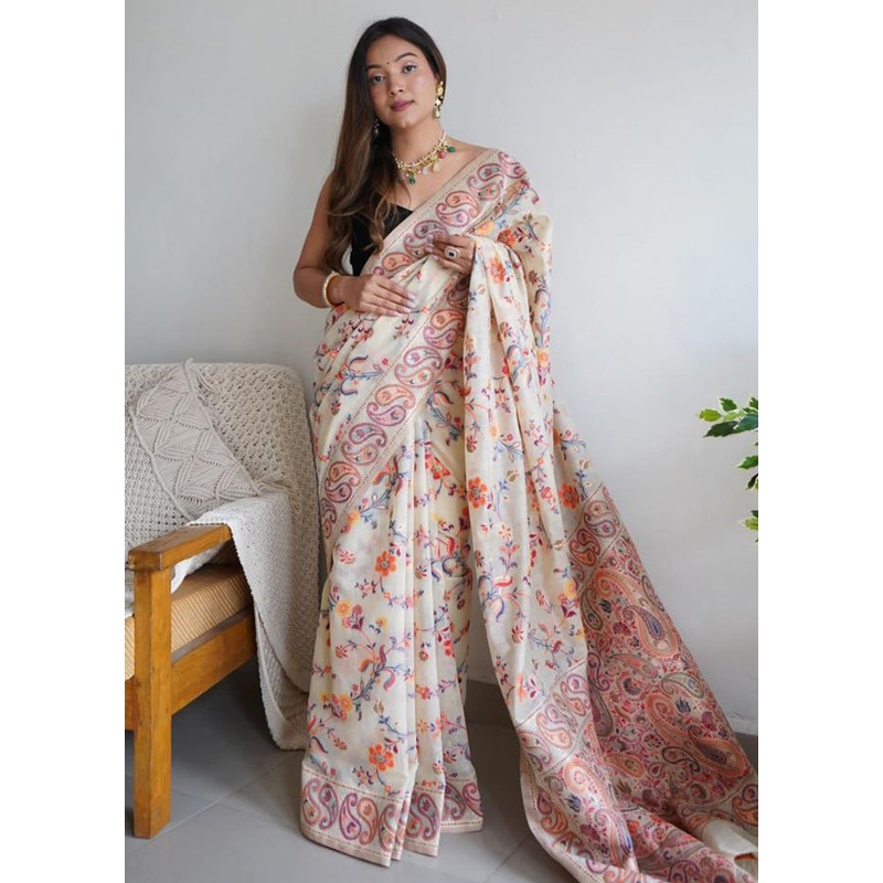 Cream Banarasi Silk Saree With Blouse Piece - JD986600609