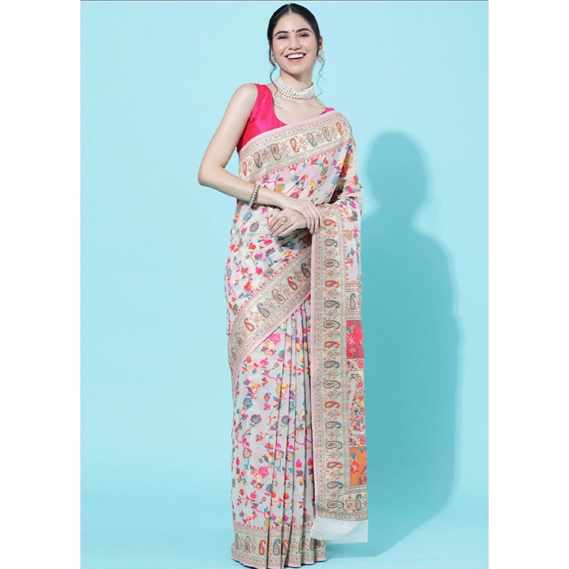 Cream Banarasi Silk Saree With Blouse Piece - JD986600610