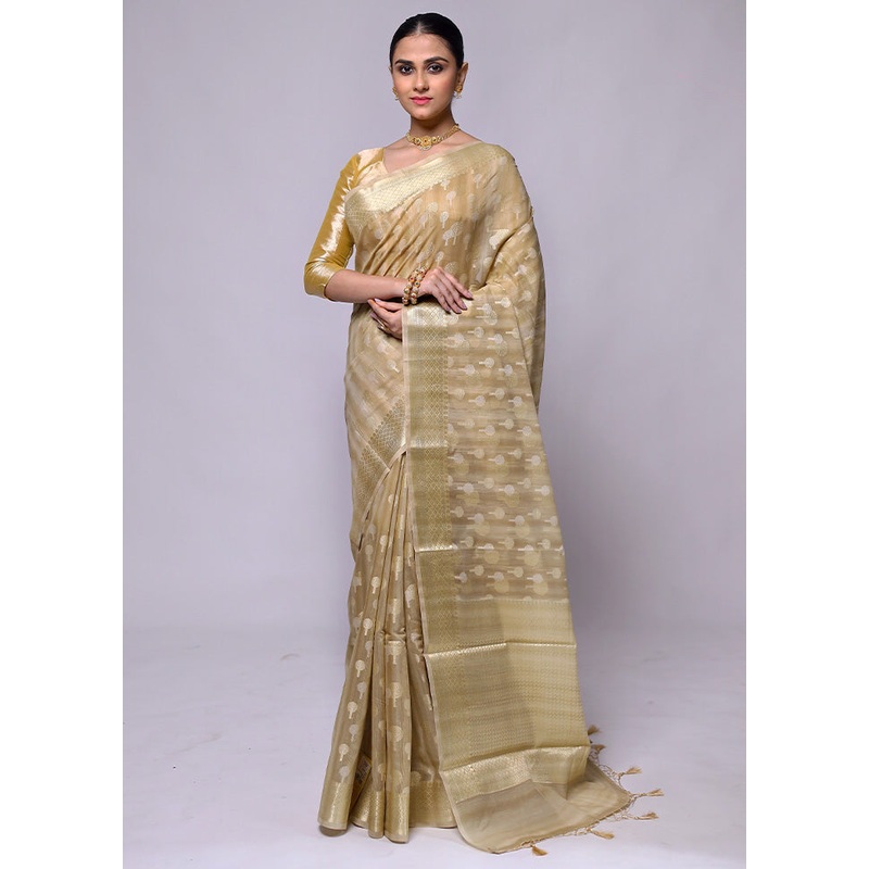 Cream Kora Silk Saree With Blouse Piece - JD986600451