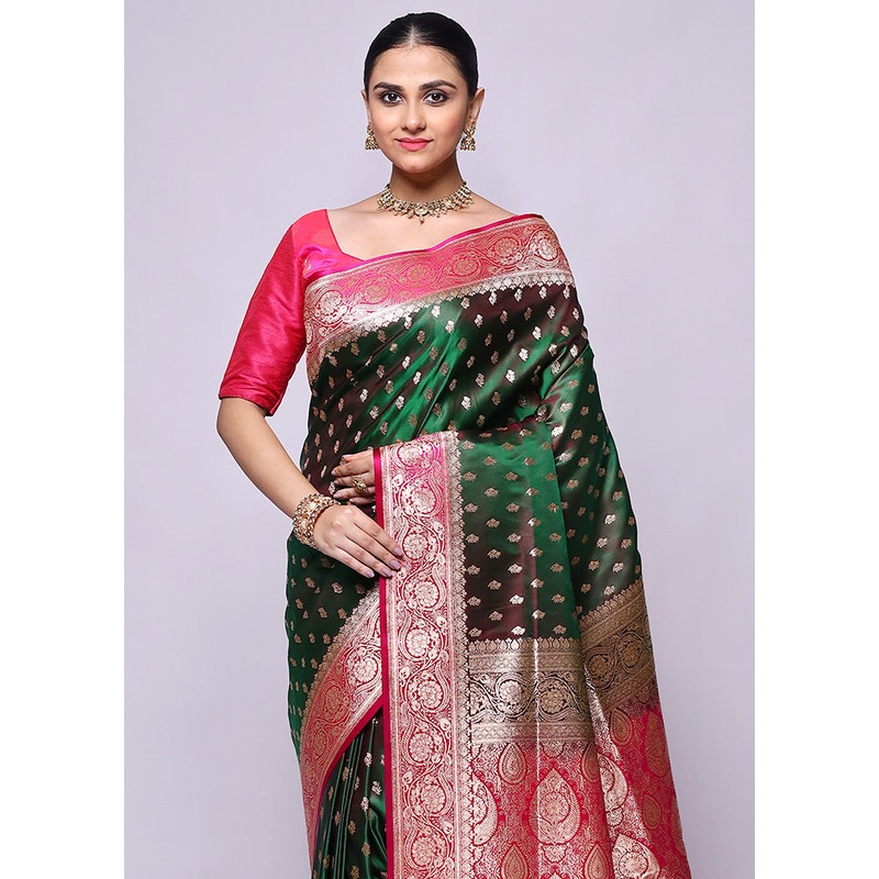 Green Banarasi Silk Saree With Blouse Piece - JD986600447