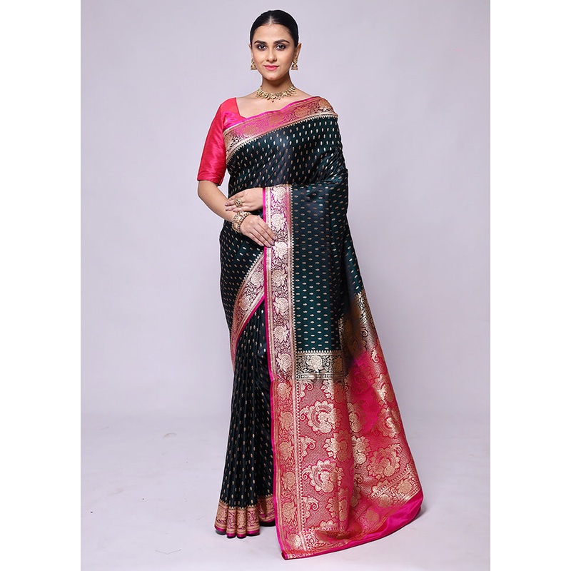 Green Banarasi Silk Saree With Blouse Piece - JD986600448