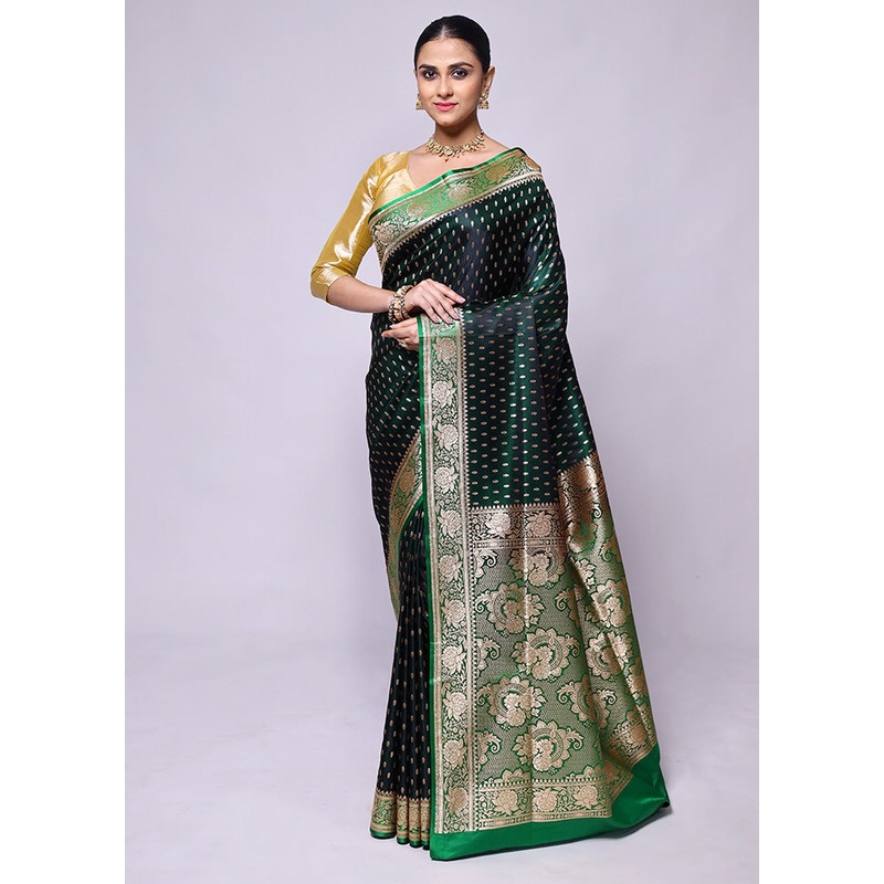 Green Banarasi Silk Saree With Blouse Piece - JD986600449
