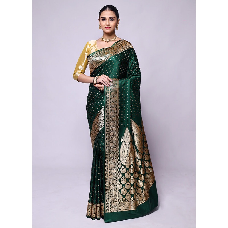 Green Banarasi Silk Saree With Blouse Piece - JD986600450