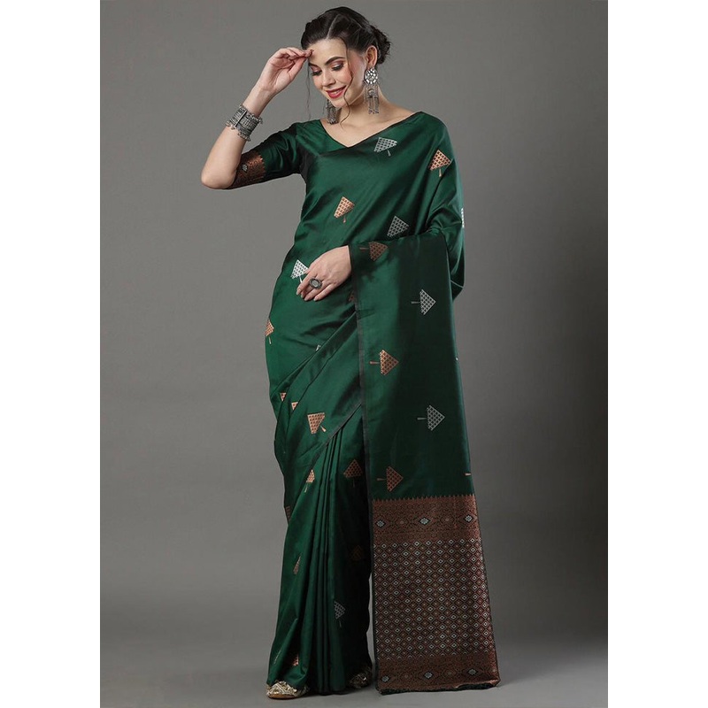 Green Banarasi Silk Saree With Blouse Piece - JD986600606