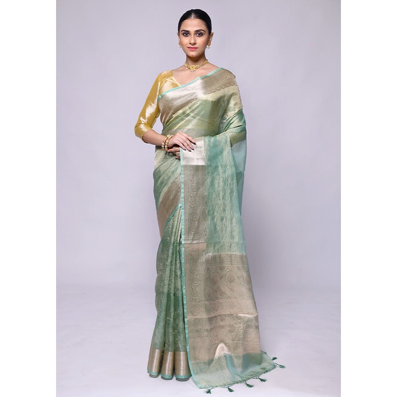 Green Crushed Tissue Silk Saree With Blouse Piece - JD986600445