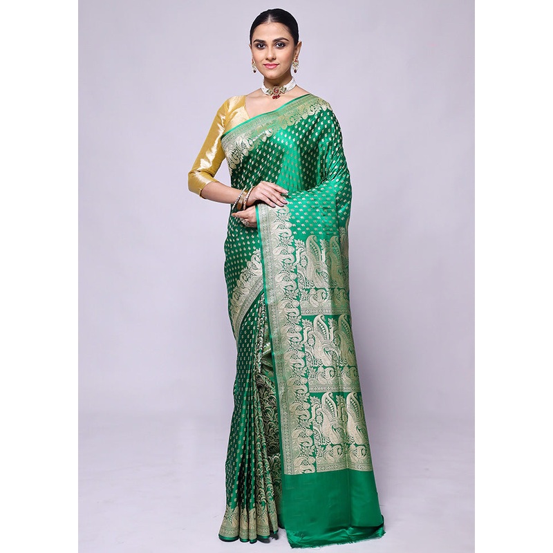 Green Handloom Banarasi Pure Silk Saree With Blouse Piece - JD986600444