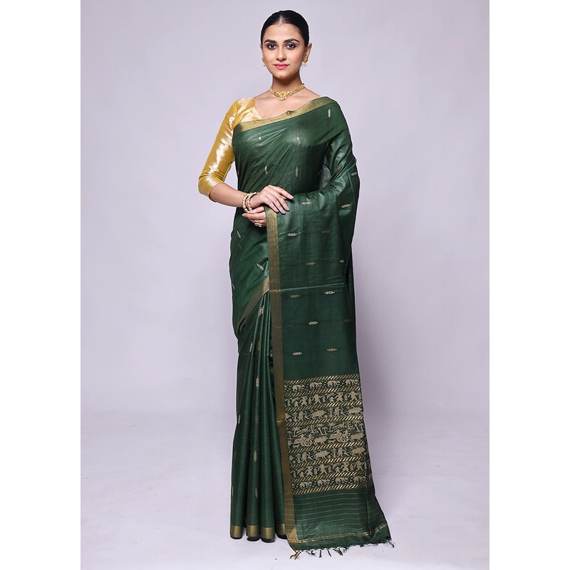 Green Handloom Tussar Pure Silk Saree With Blouse Piece - JD986600442