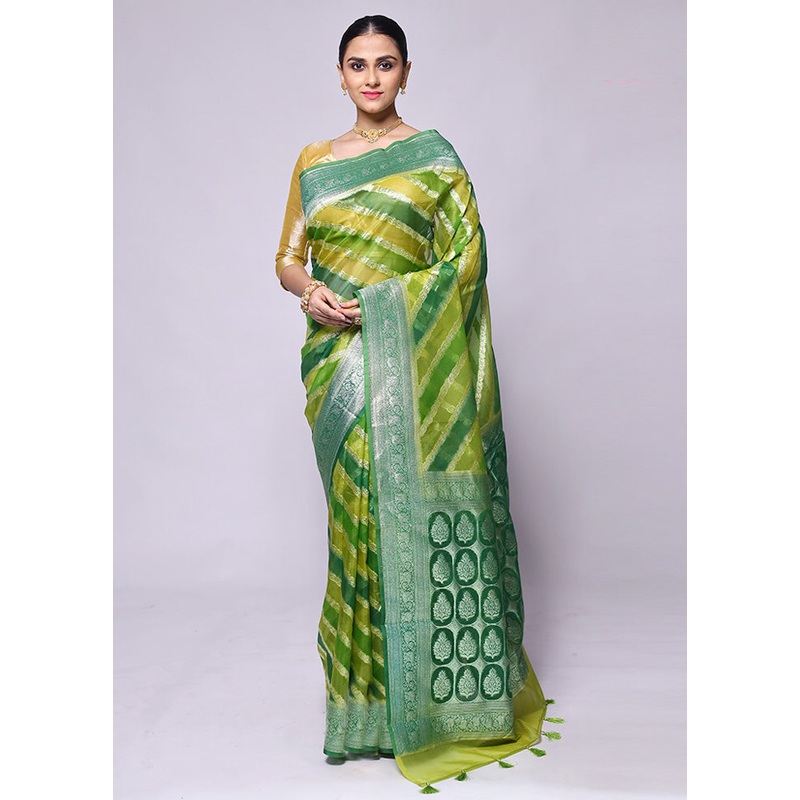 Green Organza Saree With Blouse Piece - JD986600439