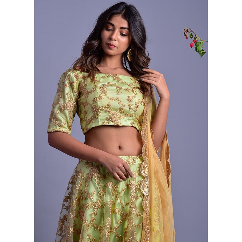 Green Readymade Net Lehenga Set With Dupatta - JD986600478
