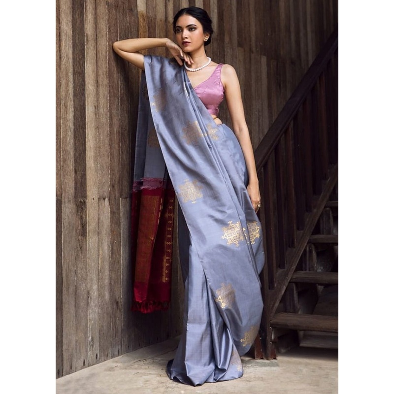 Grey Banarasi Silk Saree With Blouse Piece - JD986600601