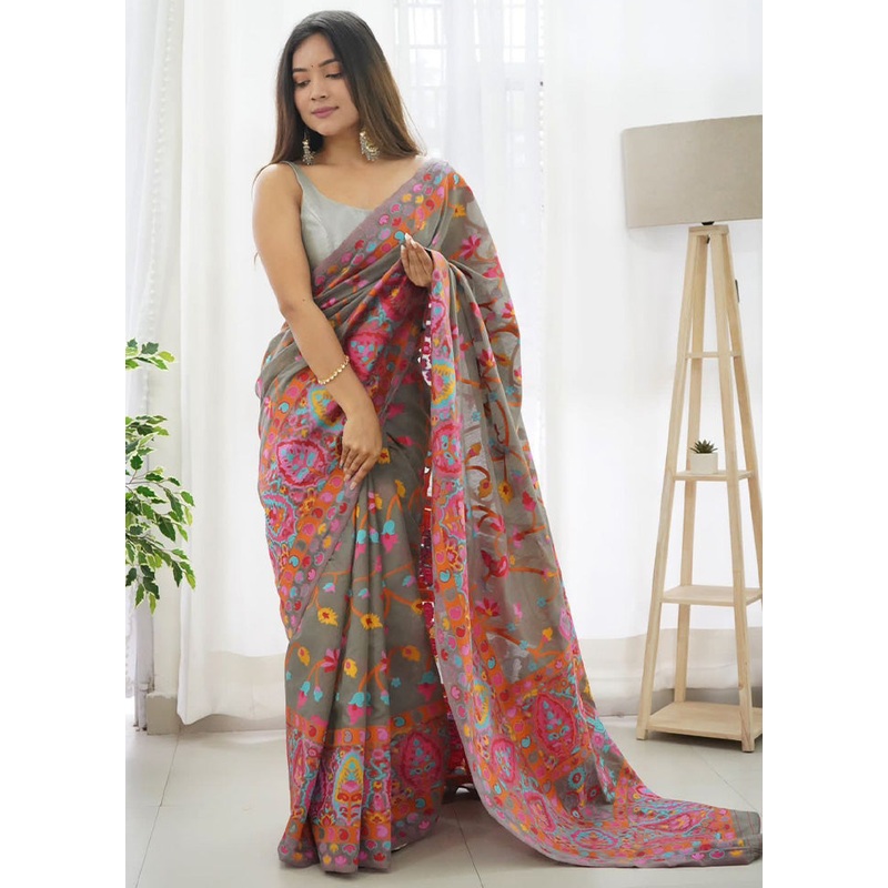 Grey Banarasi Silk Saree With Blouse Piece - JD986600603