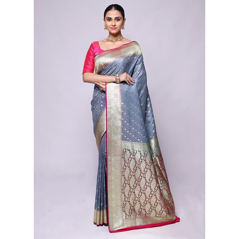 Grey Tanchoi Silk Saree With Blouse Piece - JD986600436