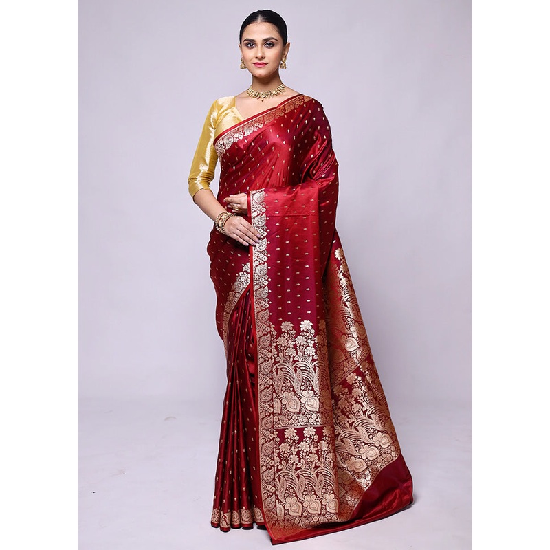 Maroon Banarasi Silk Saree With Blouse Piece - JD986600432