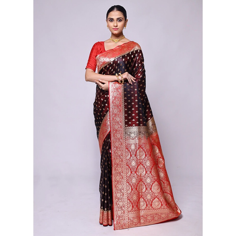 Maroon Banarasi Silk Saree With Blouse Piece - JD986600433
