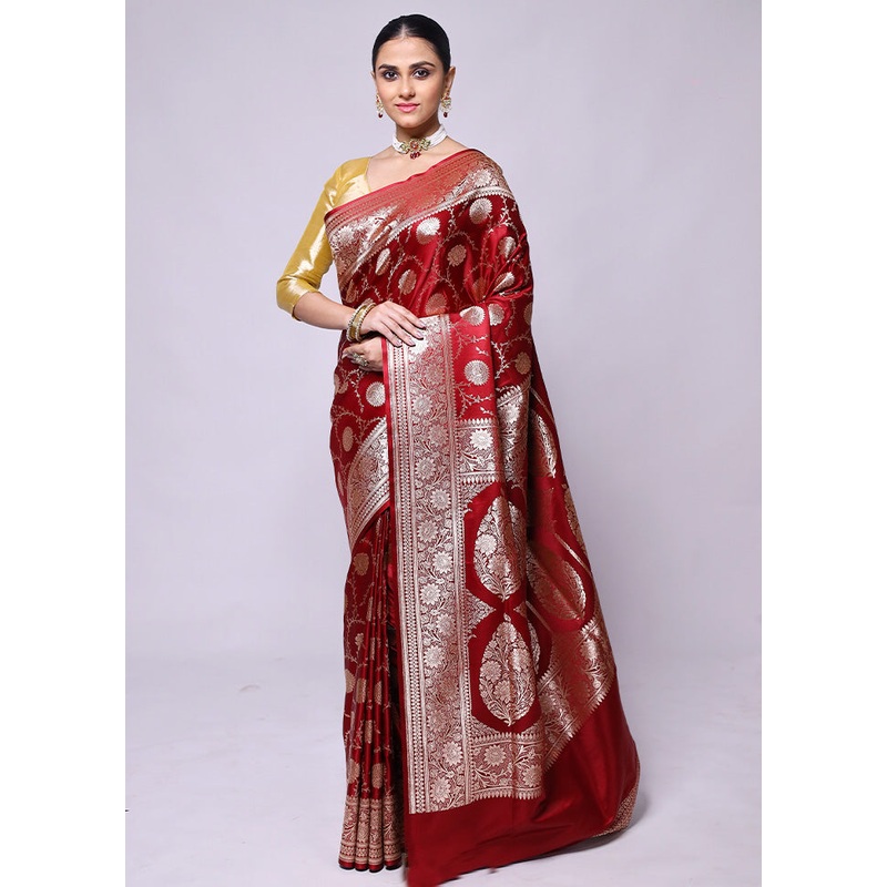 Maroon Banarasi Silk Saree With Blouse Piece - JD986600435