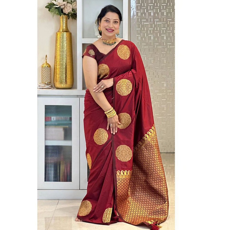 Maroon Banarasi Silk Saree With Blouse Piece - JD986600586