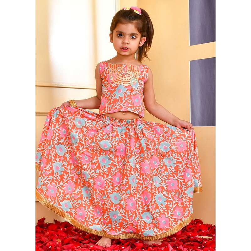 Orange Cotton Gota Work Lehenga Set - JD986600547