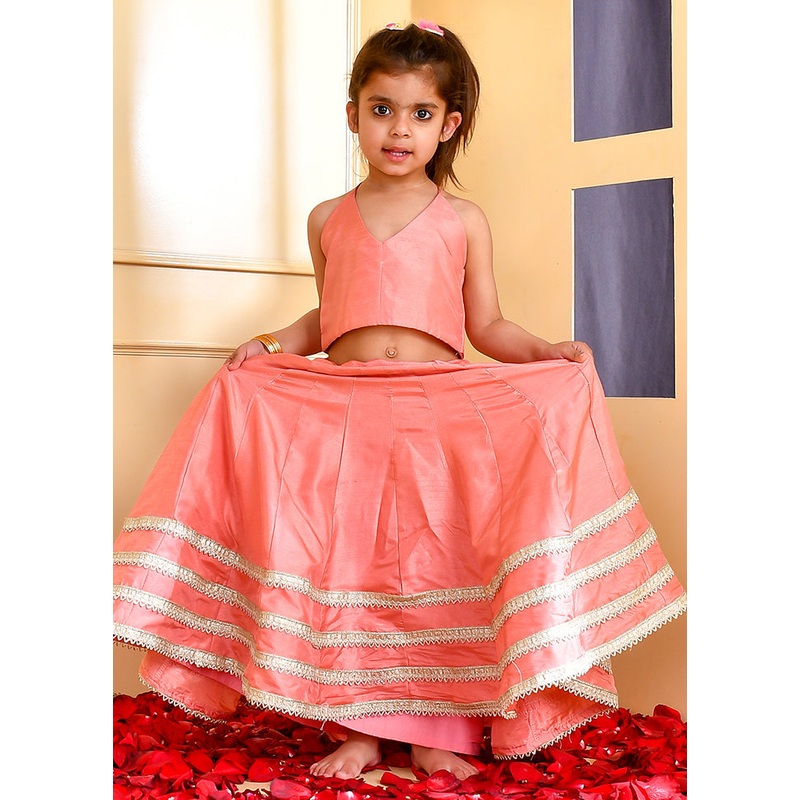 Peach Cotton Lace Work Lehenga Set - JD986600550