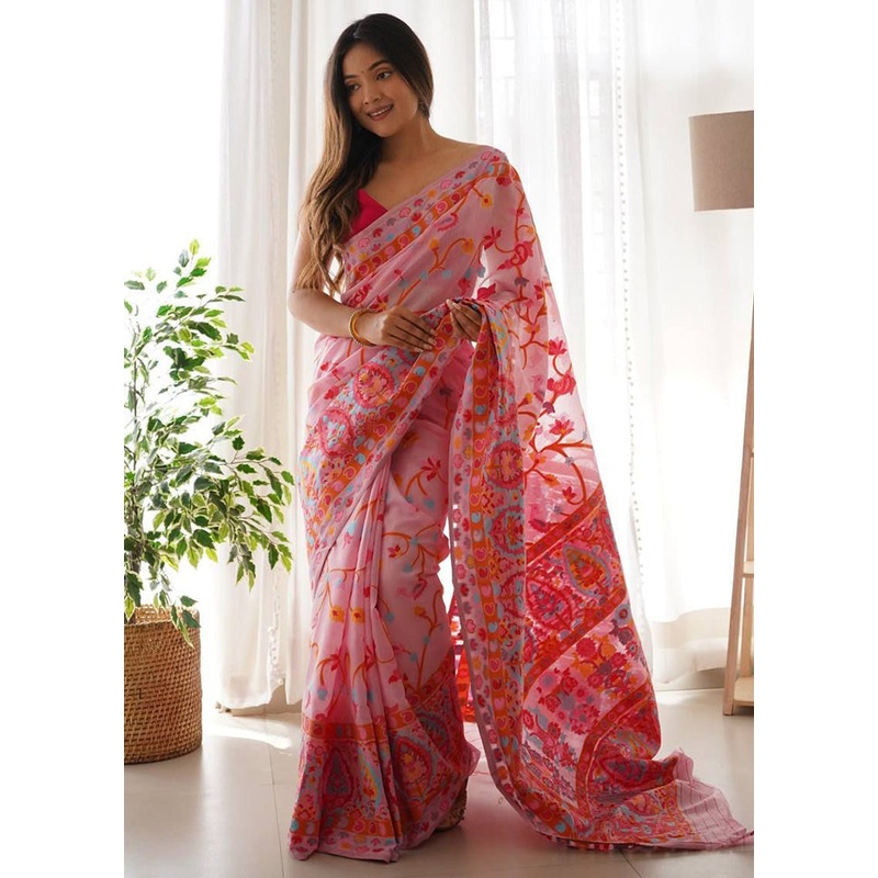 Pink Banarasi Silk Saree With Blouse Piece - JD986600597