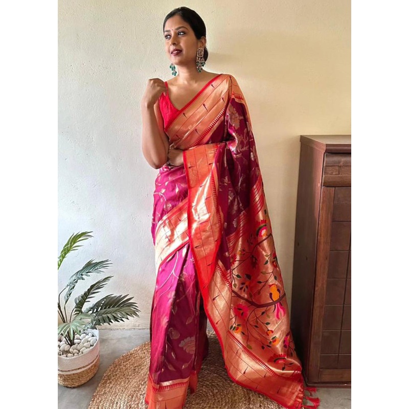 Pink Banarasi Silk Saree With Blouse Piece - JD986600598