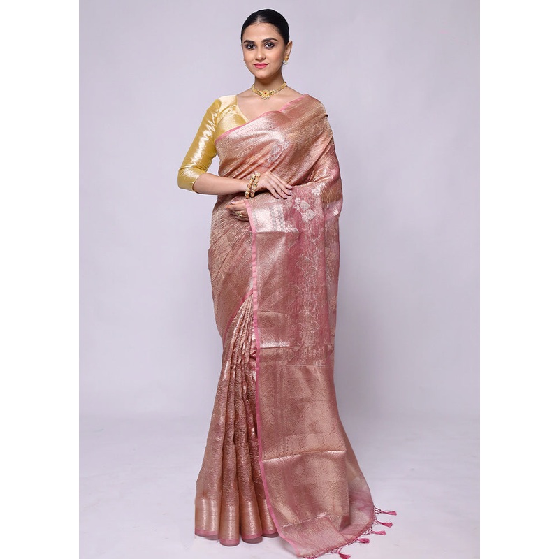 Pink Crushed Tissue Silk Saree With Blouse Piece - JD986600428