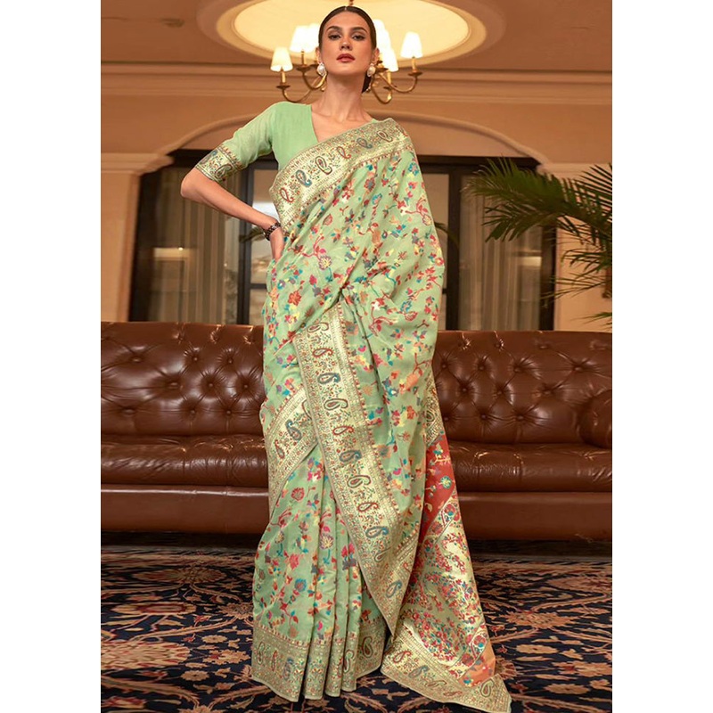 Pista Green Banarasi Silk Saree With Blouse Piece - JD986600594