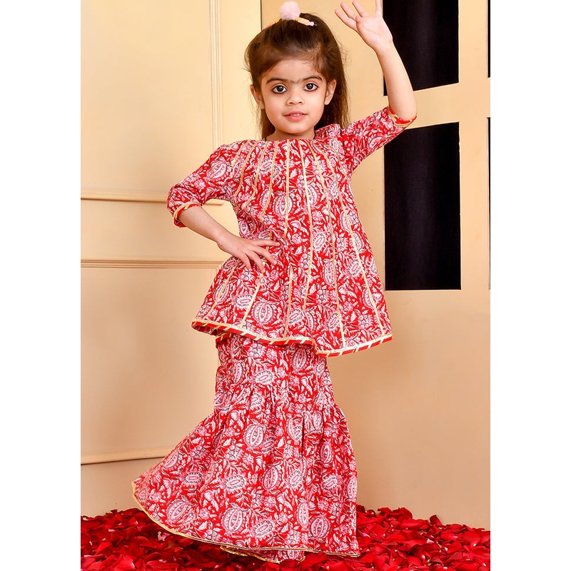 Red Cotton Gota Work Ghagra Set - JD986600553