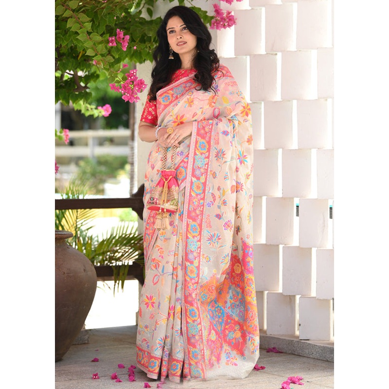 White Banarasi Silk Saree With Blouse Piece - JD986600585