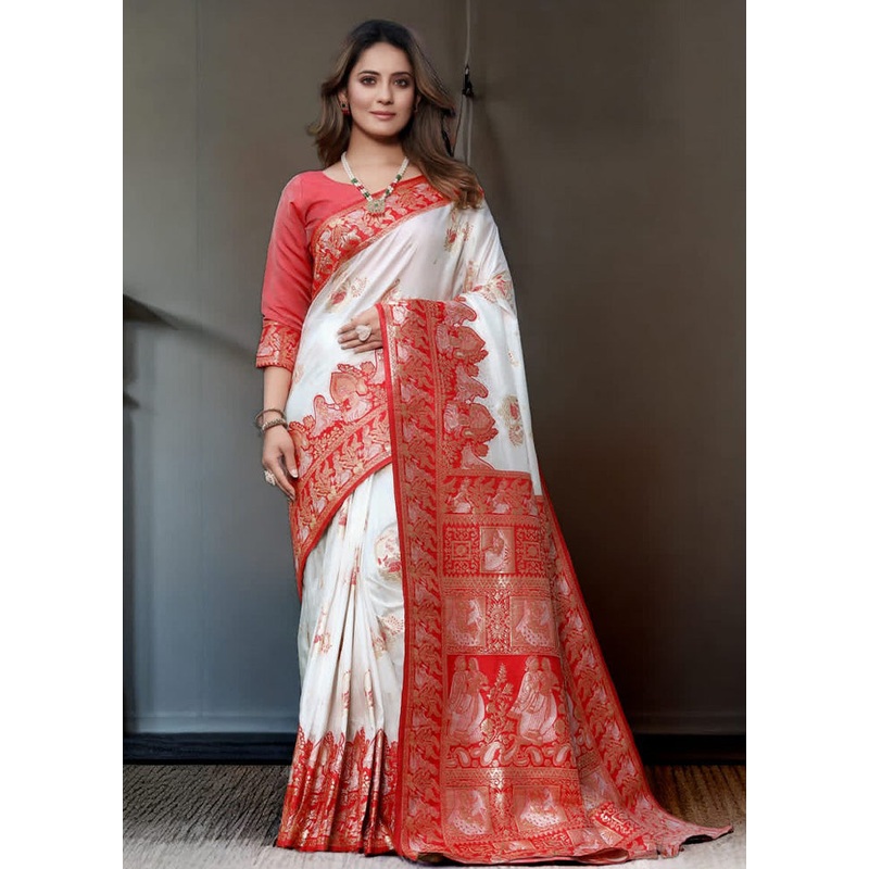 White Banarasi Silk Saree With Blouse Piece - JD986600590