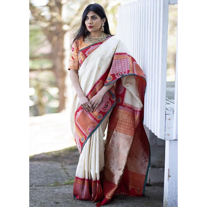 White Banarasi Silk Saree With Blouse Piece - JD986600611